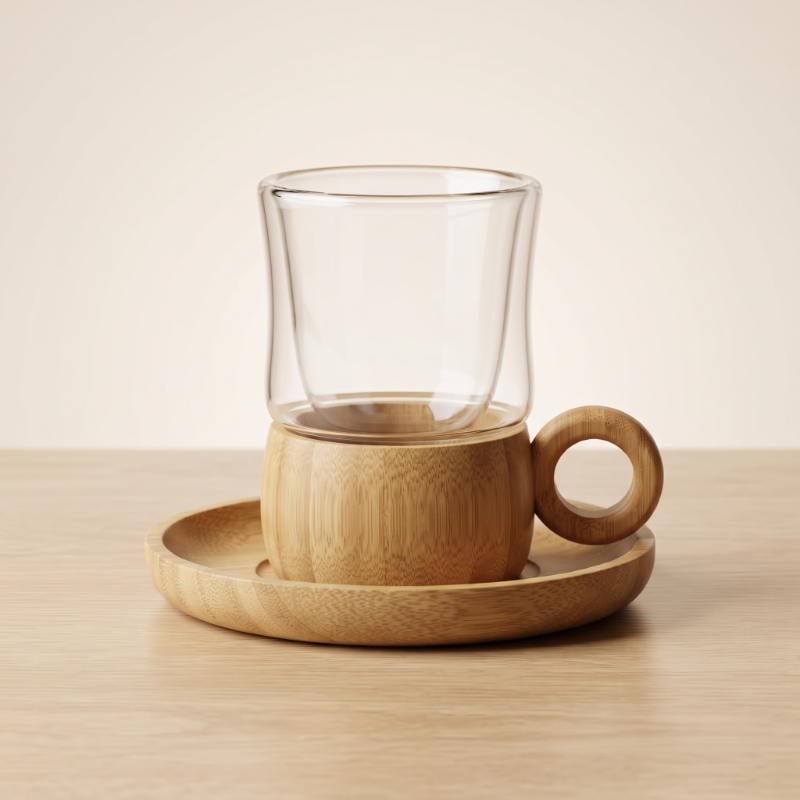 12 Parça Çay Seti - Bambu Bardak Altığı - Çift Cidarlı Cam - 150 ml  - 5
